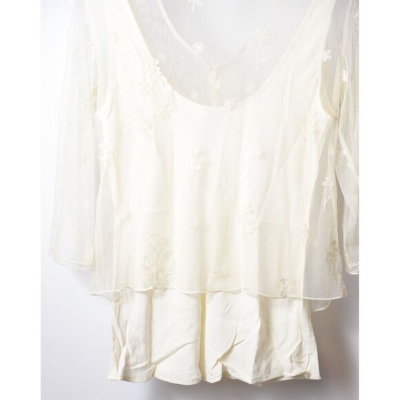 Vintage J. Jill Ivory Sheer Shirt with Tank 3/4 Sleeve Flower Embroidery Size S - Picture 8 of 13